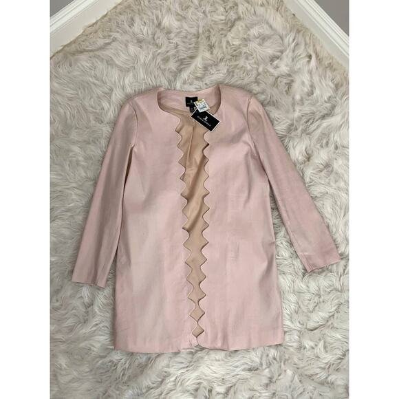 NWT Pink Linen Long Blazer Scalloped Edge Spring Summer Modest Church Office - Picture 2 of 9